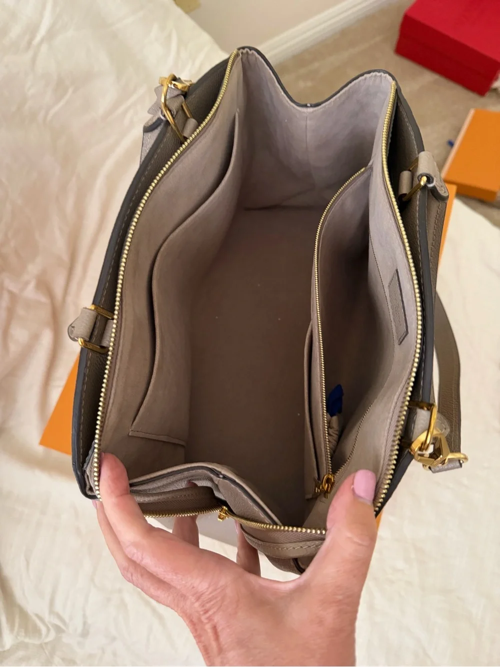 Louis Vuitton Taupe Embossed Monogram Satchel with Gold Hardware